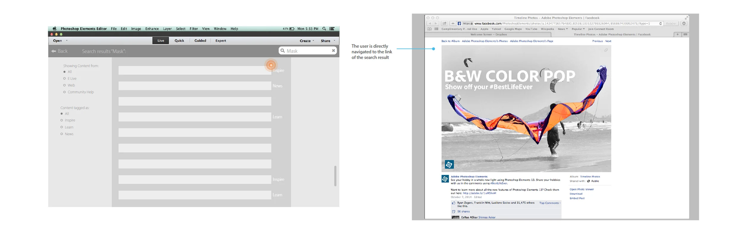  After several design iterations a result screen was selected which gave visibility to all the sources (website, community forums etc.) and helped users choose what kind of content they wish to see (inspire, tutorial etc.).  