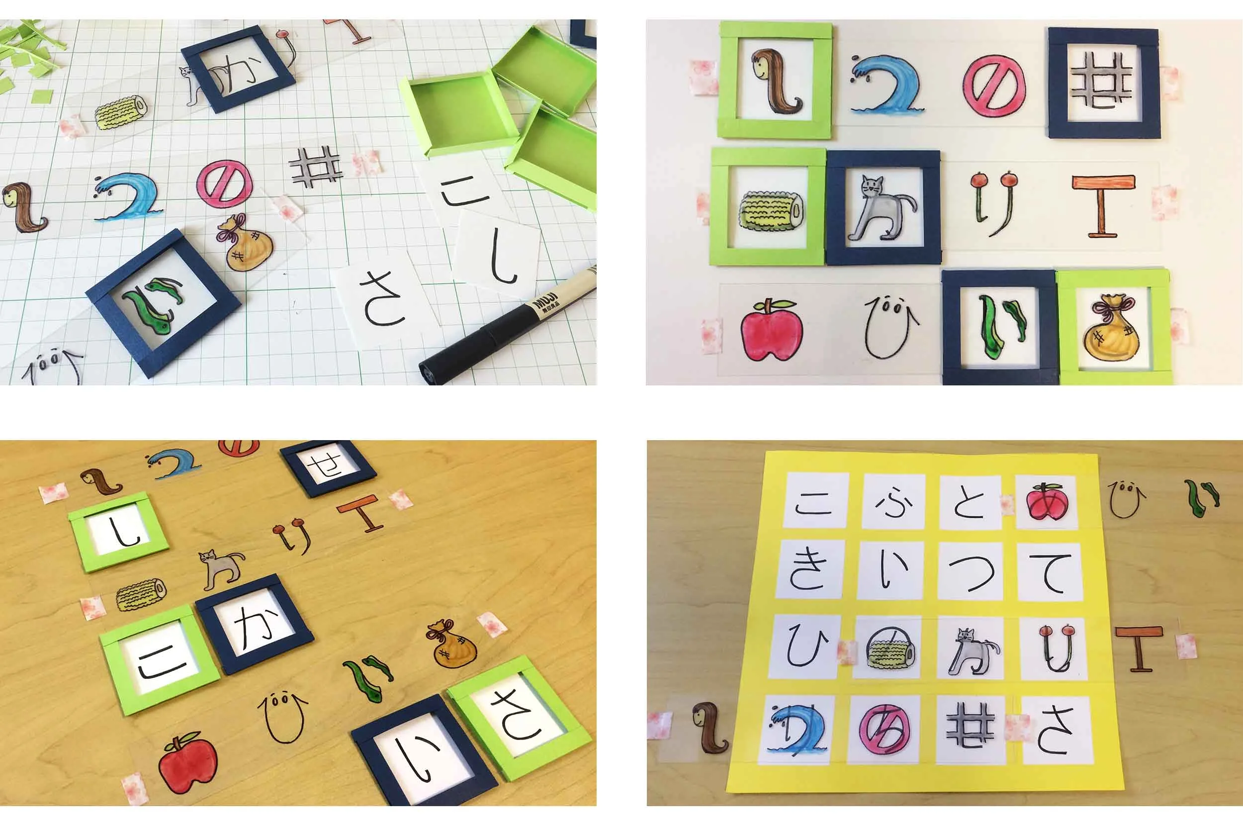   Focussing on one script- Hiragana, I created a simple paper prototype to quickly validate my idea and test different interactions for the user. I found the action of sliding the right image on top of a character seemed to work best for the testers.