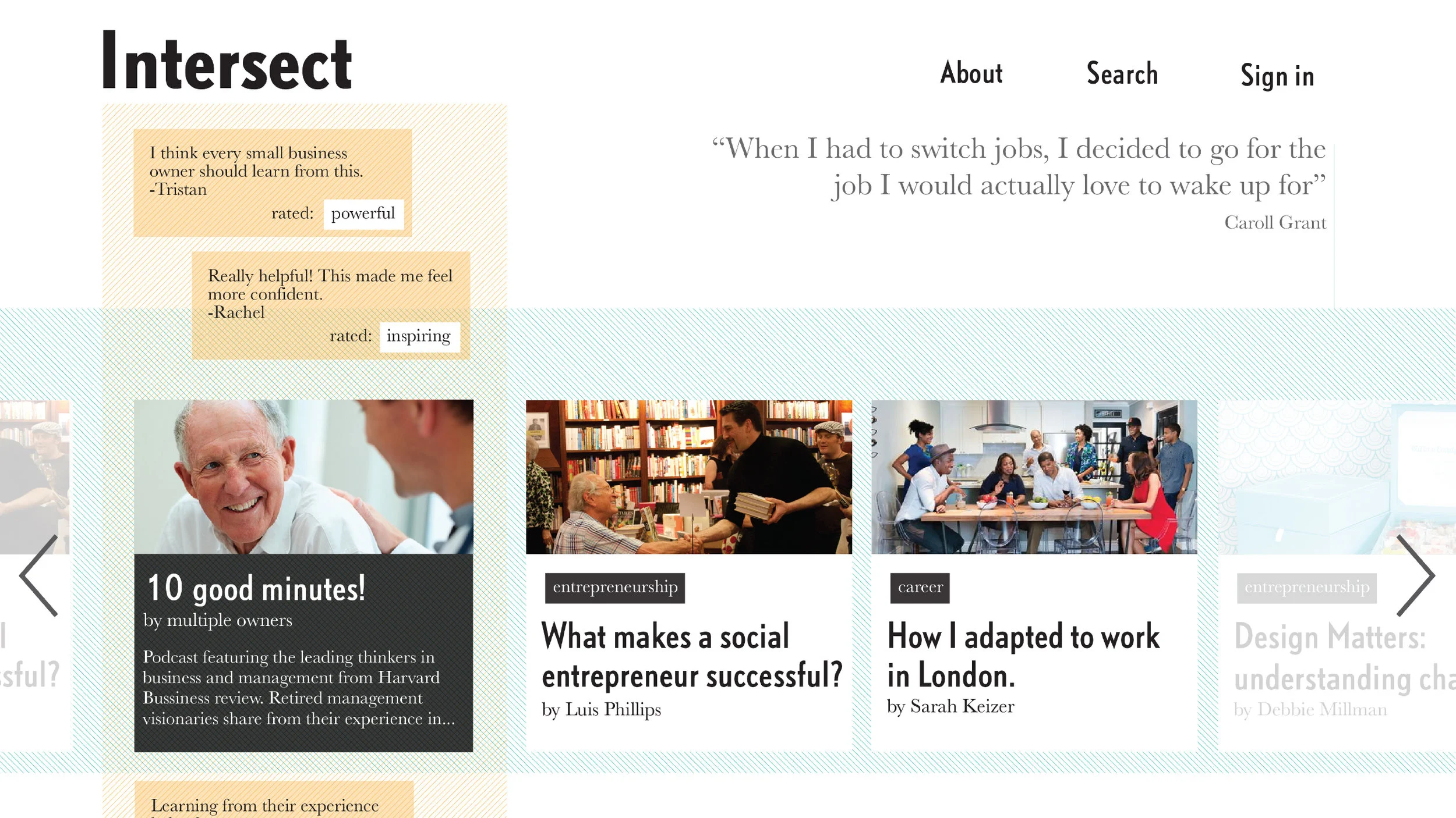   The design represents the intersection between the elderly with their professional wisdom &amp; the younger generation with their feedback.  