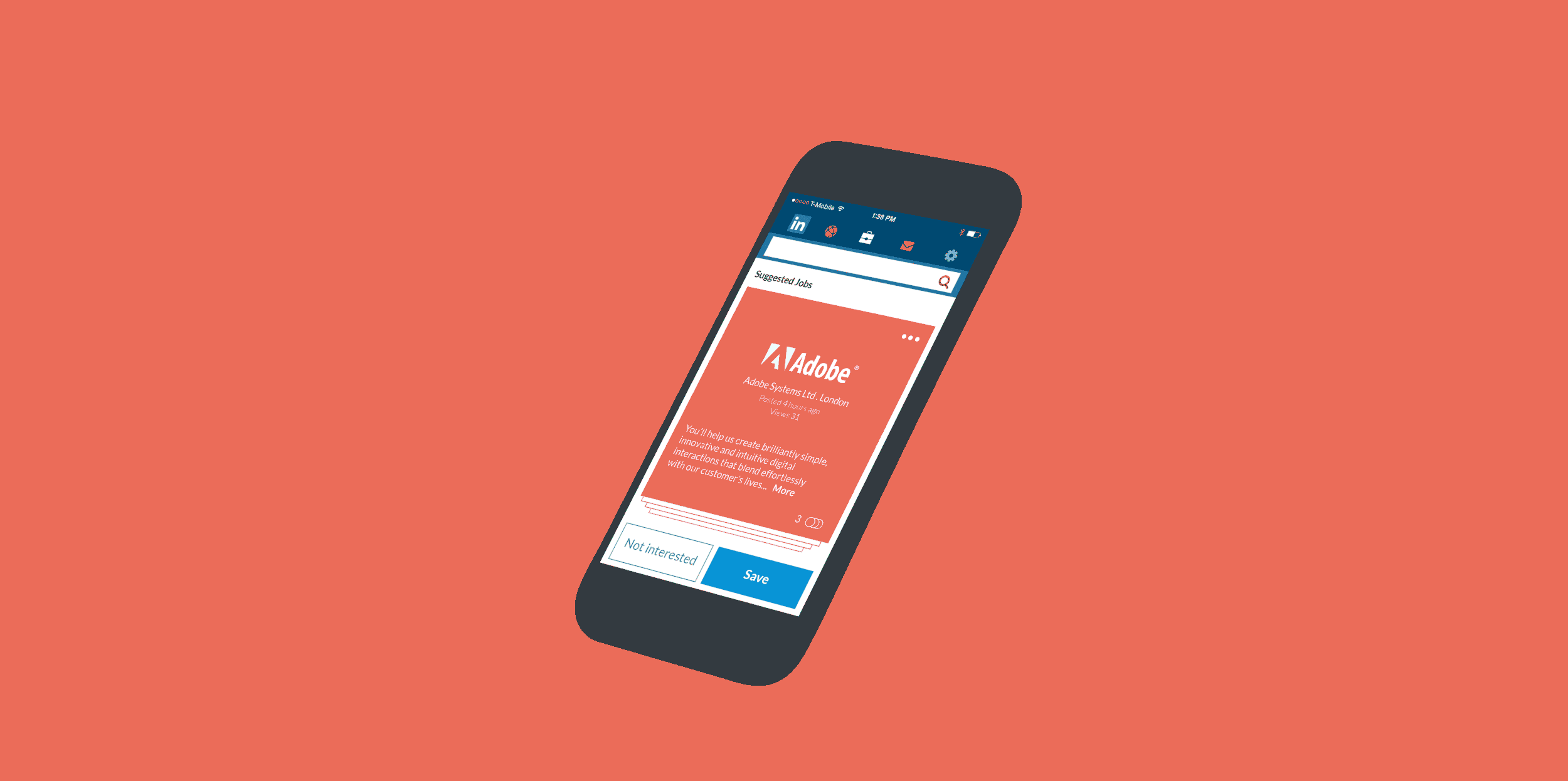   A quick glimpse of how mobile gestures could be utilized to further enhance the user experience to browse through jobs. A simple right swipe would save a job posting and the user can finish the application at their convenience.     
