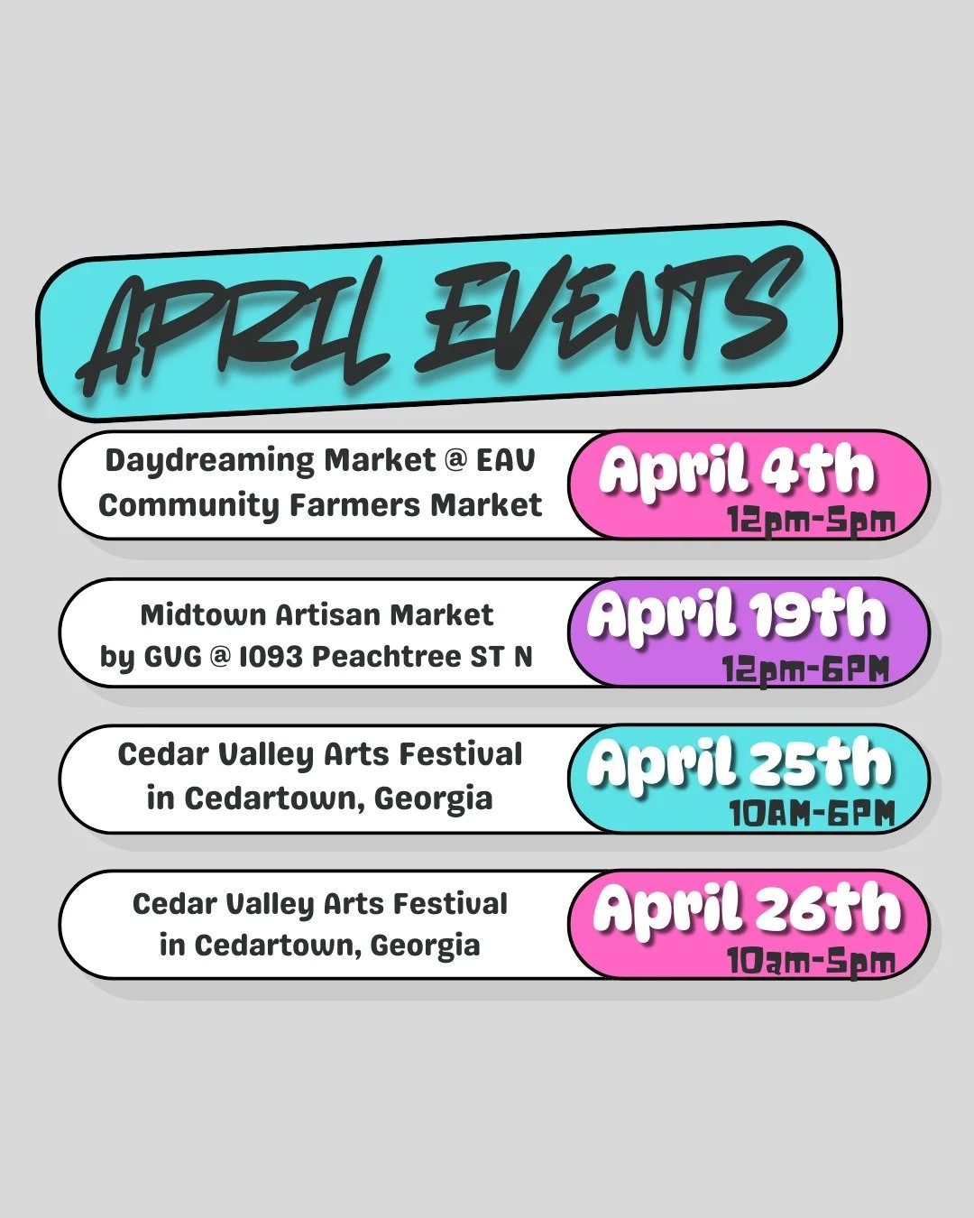 It's finally here! All the events I have coming up this month! 

Just two weekends in ATL and for those in Cedartown/Rome, I've got a whole weekend just for y'all! 

Ok. thank u. love u. bye!