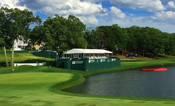 The water-logged 17th hole with the 15th and "15th 1/2" holes beyond.