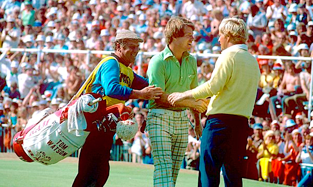 Nicklaus, in yellow, heartily congratulates Watson at the 1977 Open Championship.