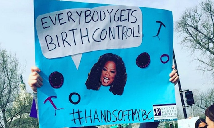 Protest sign at a 2016 demonstration for the Zubik v. Burwell case, which challenged the Supreme Court's ruling that the government would step in to cover birth control for employees of religious organizations who opted not to cover it for religious reasons. Photo courtesy of Elite Daily