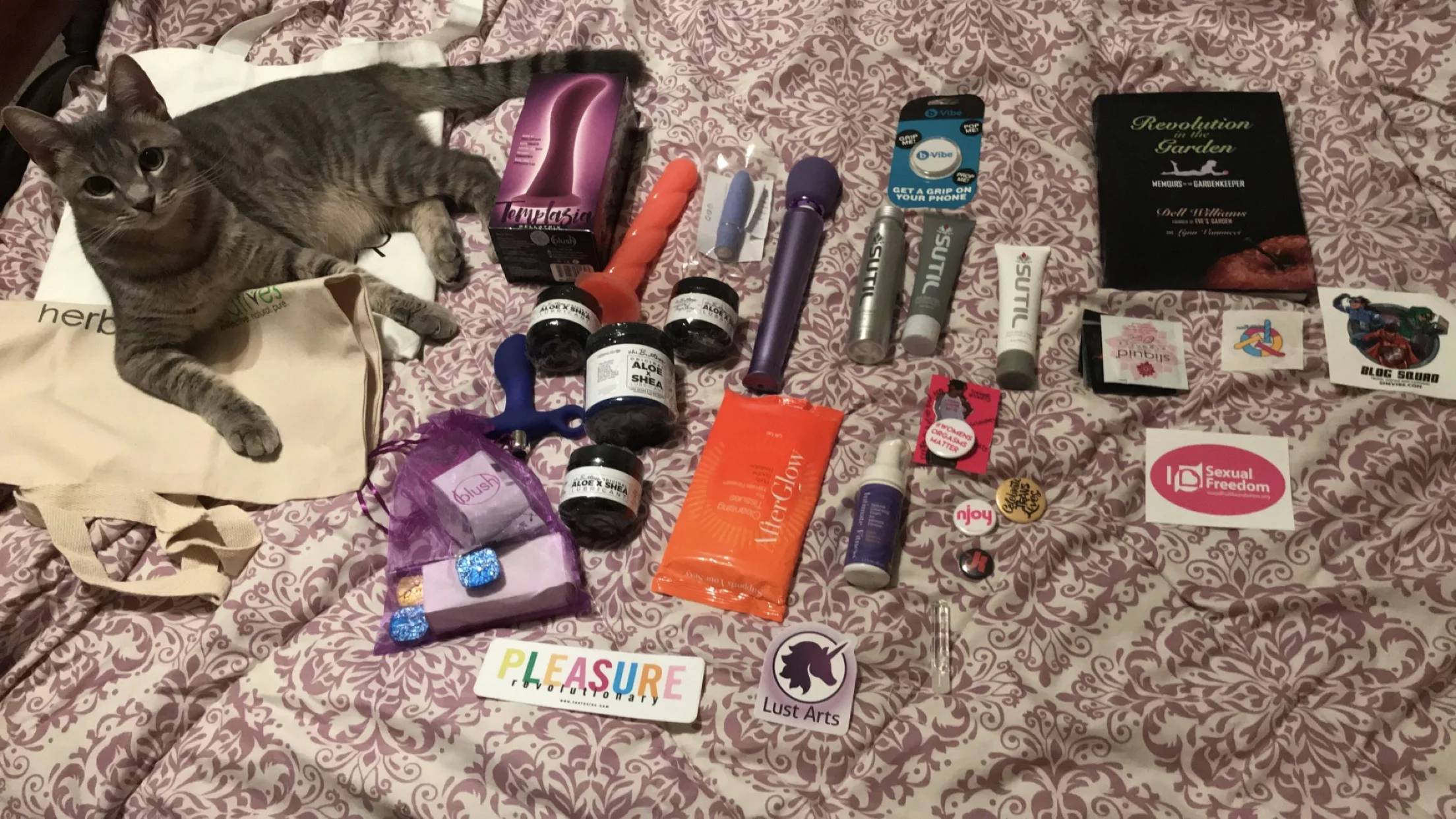 The cat isn't part of the conference swag, but the bags underneath him are.