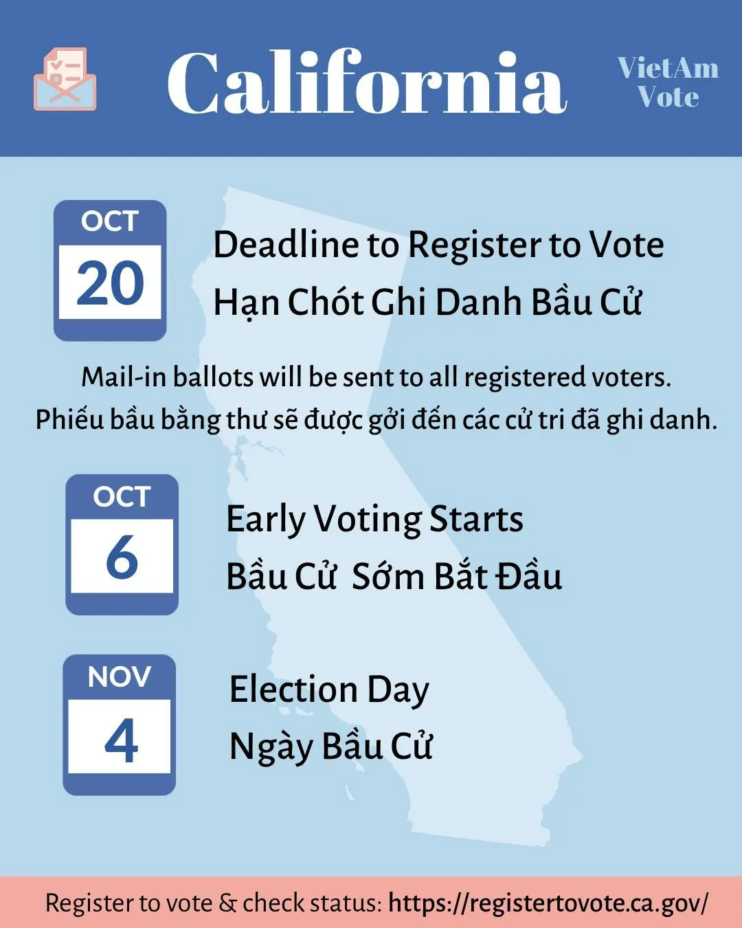 Repost from @vietamvote Attention CALIFORNIA! 

The deadline to register to vote is coming up on Monday, October 20 for online registration. Register to vote &amp; check registration status at https://registertovote.ca.gov/

Note that California does