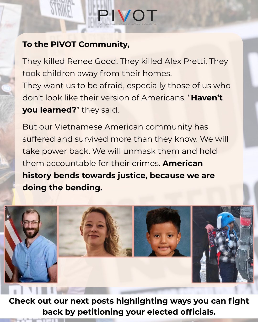 Read PIVOT's statement on the recent events that have unfolded in our communities as a result of ICE's unsanctioned and terrifying actions.