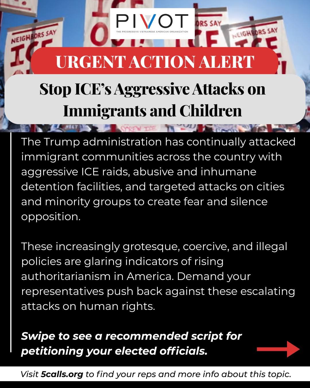 Call on your elected officials to stop ICE's aggressive attacks on immigrants, children, and citizens by referencing our template or visiting 5calls.org.
