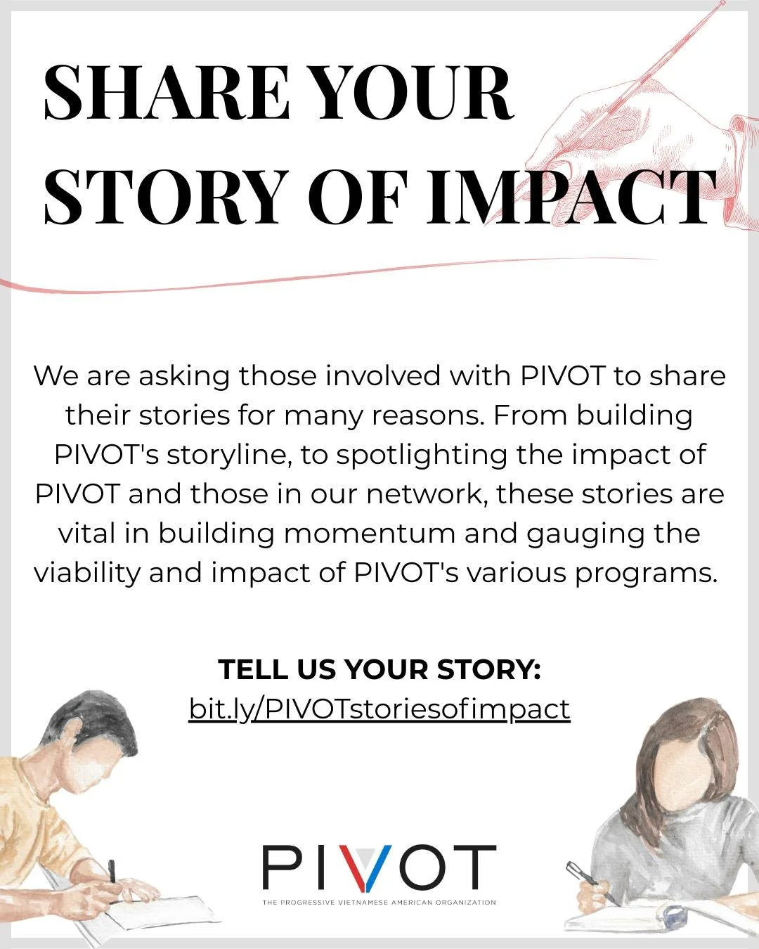 ☎️ Calling all PIVOTers! We are looking for those involved with PIVOT to share their "stories of impact" or stories of how PIVOT has impacted your life or the life of someone you know. We want to gauge the viability and effect of PIVOT's pr
