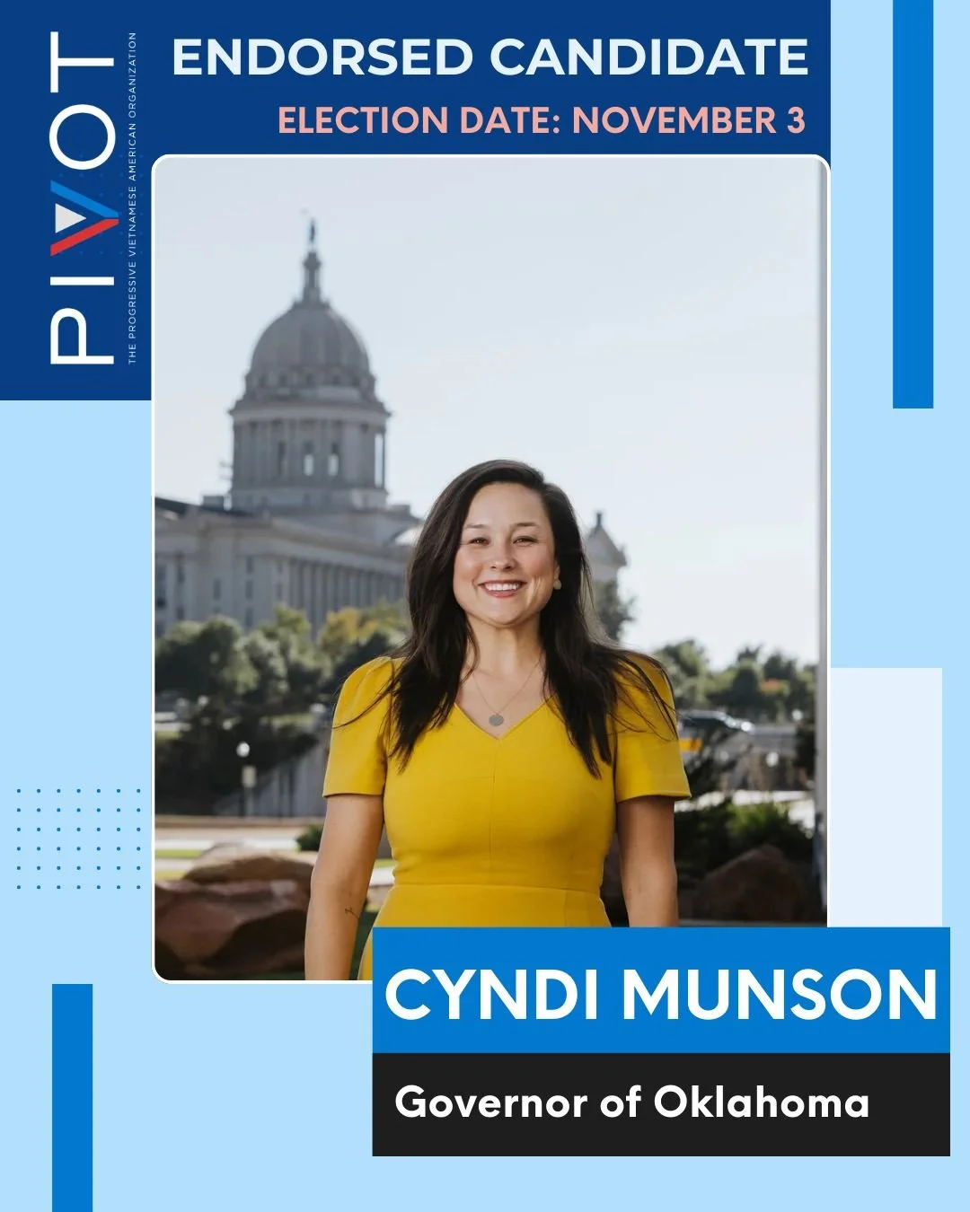 PIVOT is proud to endorse Cyndi Munson for office. Leader Munson has proven her commitment to tackling affordability, standing up to extreme legislation, and doing the hard work&mdash;knocking every door and speaking to every voter&mdash;to win in No