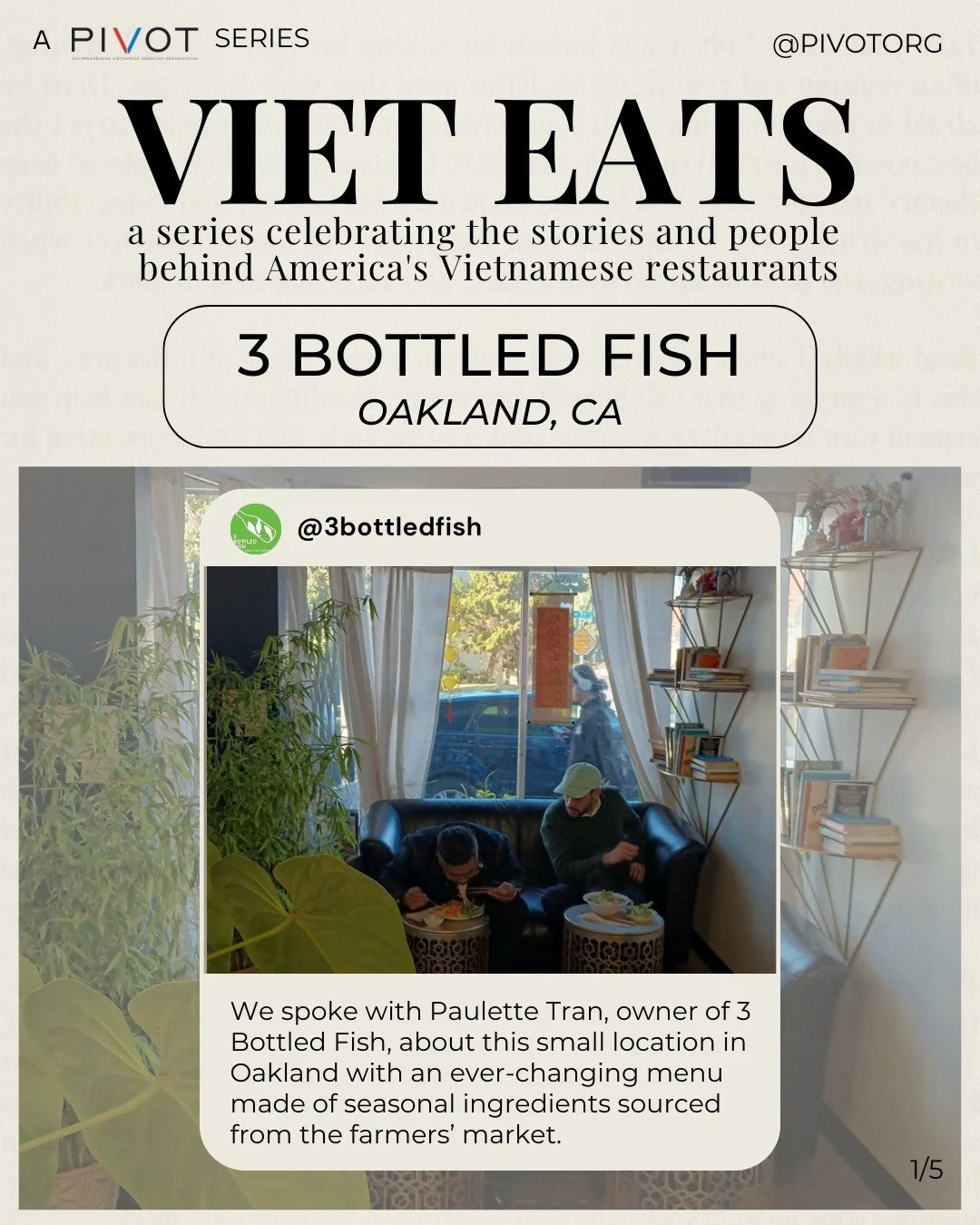 For our first VietEats feature, we spoke with Paulette Tran, owner of @3bottledfish, about her small location in Oakland with an ever-changing menu made of seasonal ingredients sourced from the farmers' market. Try the banh mi with pork belly pate an