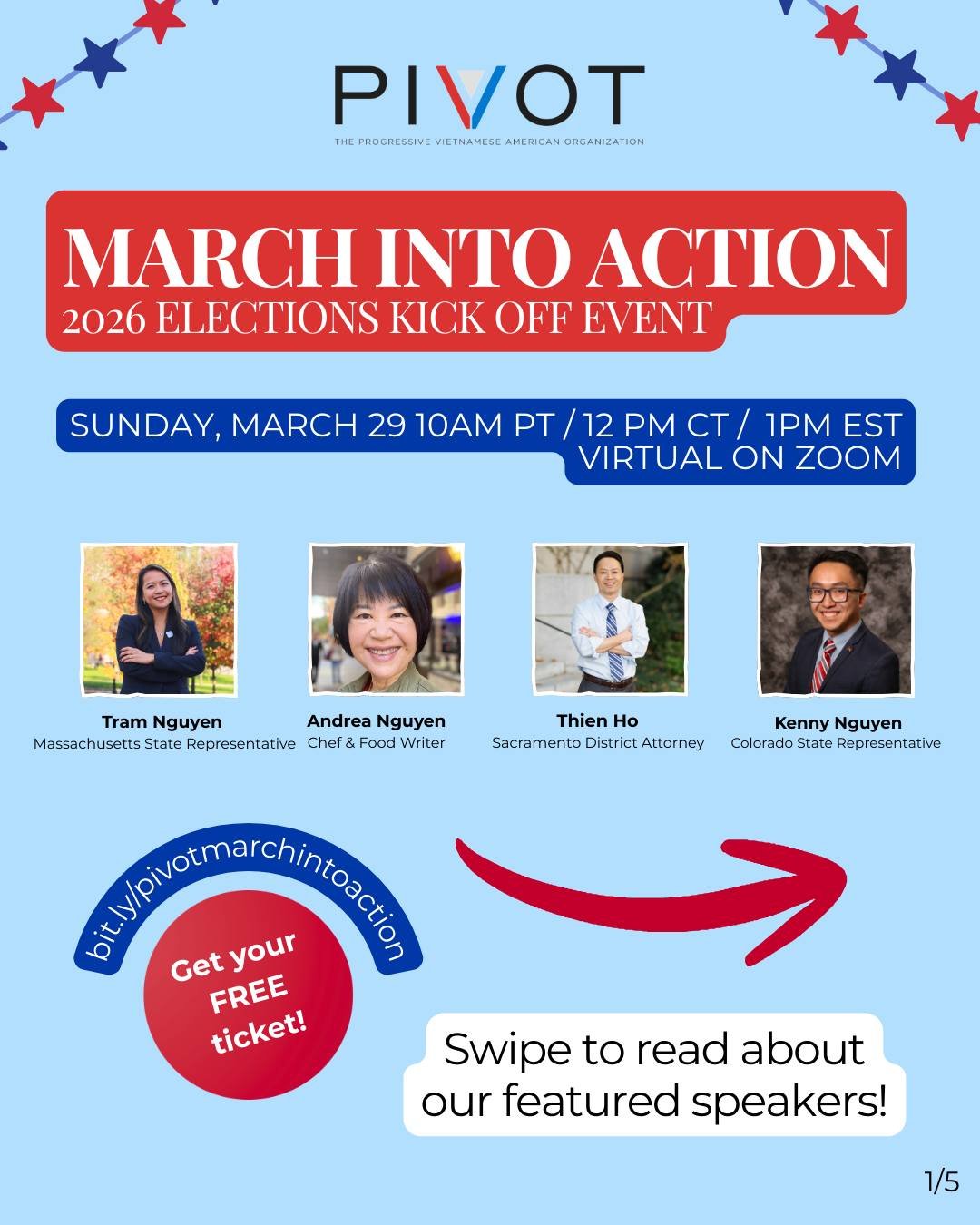 Read about our incredible featured speakers that will be with us on March 29 at 10AM PT / 12PM CT / 1PM ET for our March into Action event. Register for your FREE tickets at bit.ly/pivotmarchintoaction #Elections2026 #elections  #VietnameseCommunity