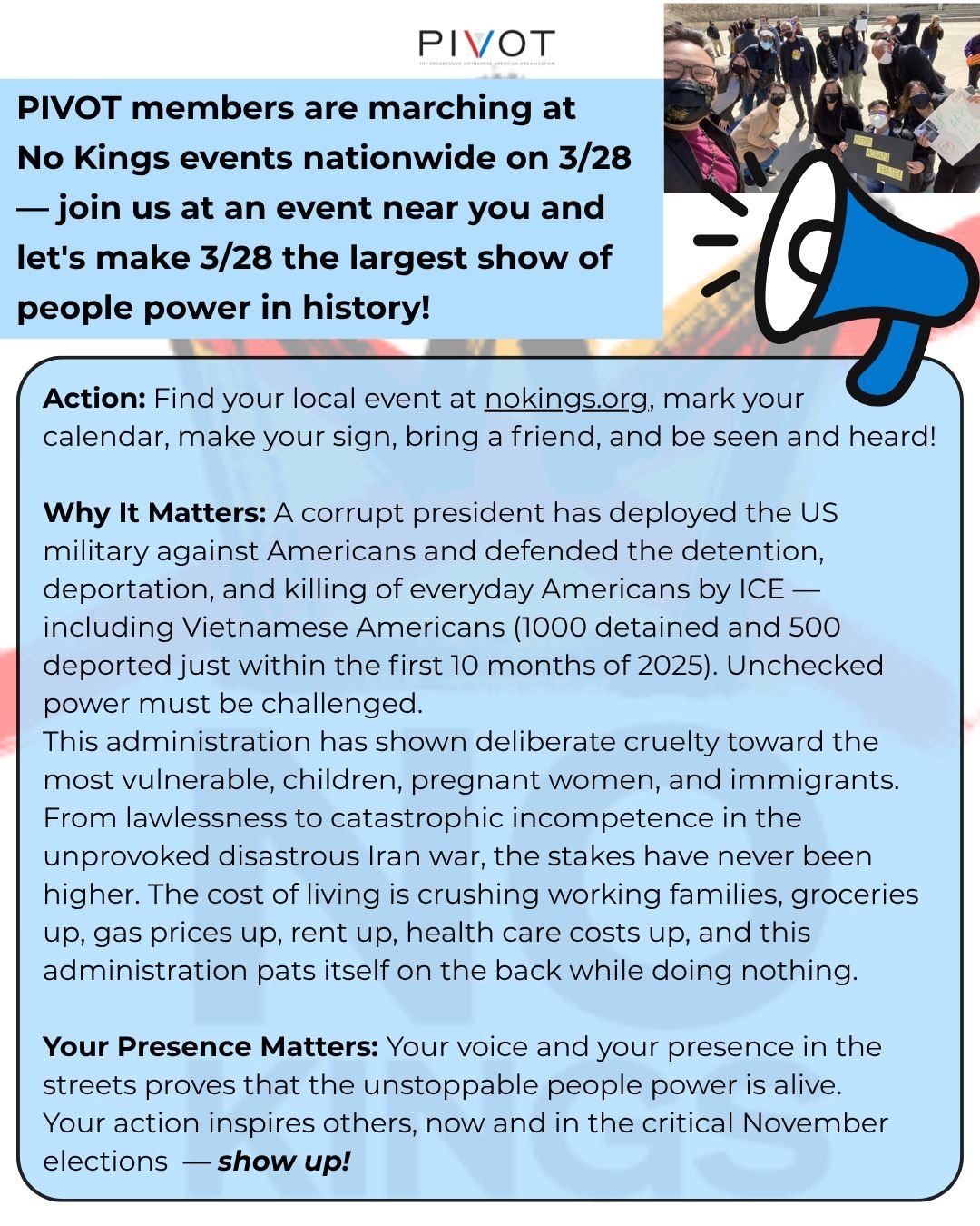 Join PIVOT at No Kings Events nationwide on 3/28! Find your local event at nokings.org and show up for the community.

#NoKings #NoKingsProtest