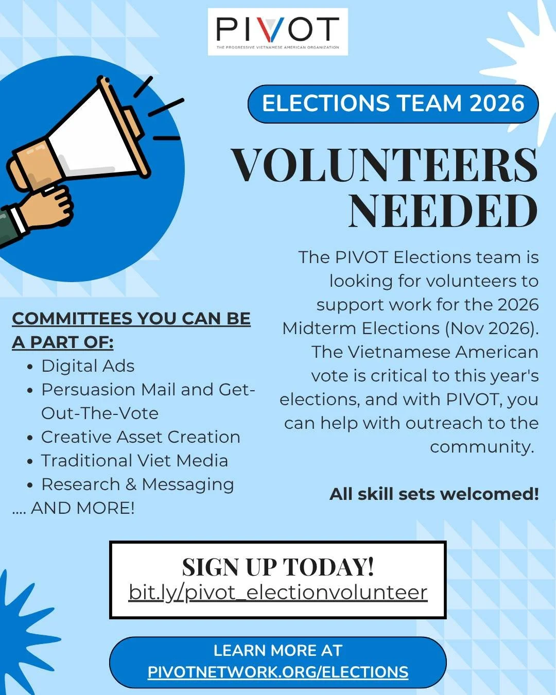 🚨CALLING ALL PIVOTERS🚨

The PIVOT Elections Team is looking for volunteers as the election season comes upon us! You can help in numerous ways, and choose something you're interested in. Help us make the change we want to see during this upcoming e