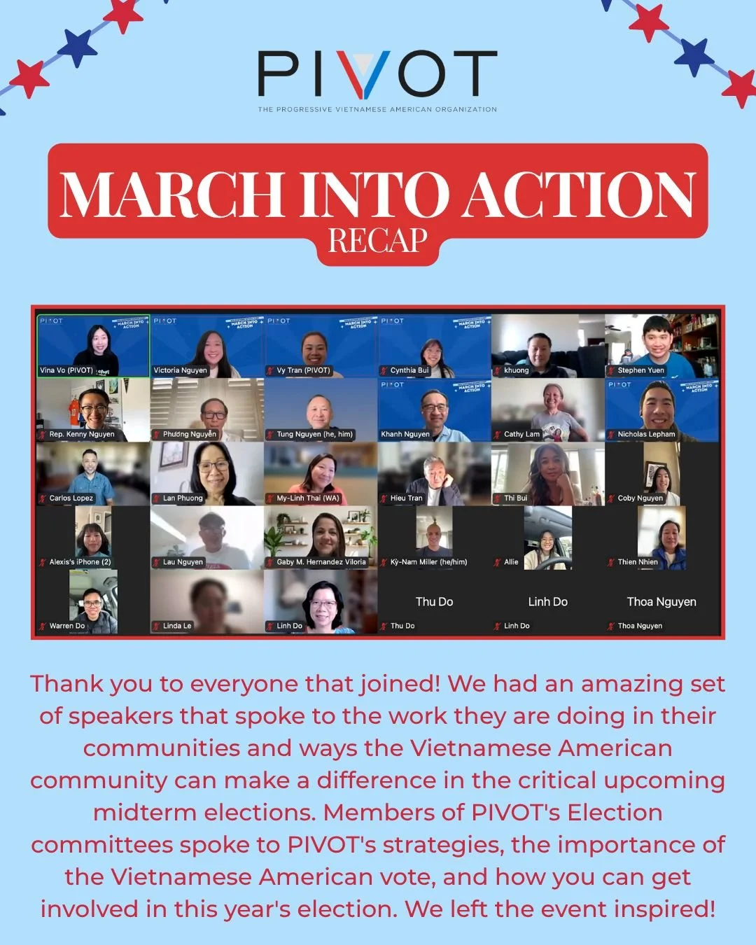 Thank you to all that joined our #MarchIntoAction kickoff event! To recap, we listened to amazing speakers, joined together in community, and discussed our future election efforts and how PIVOTers can get involved. If you weren't able to make it,  re