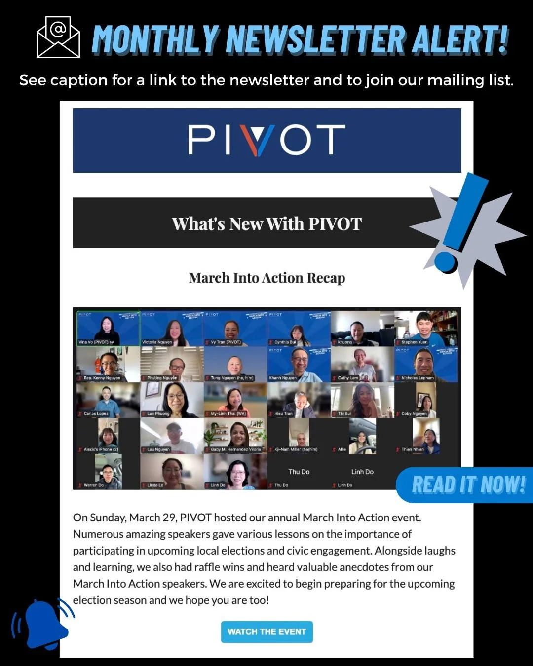 ‼️ MONTHLY NEWSLETTER ALERT ‼️

Our April newsletter has been sent out! Make sure to check your inboxes to get the latest PIVOT news and updates. View the newsletter at bit.ly/aprnews-2026.

Not subscribed to our newsletter? Make sure to do so now at