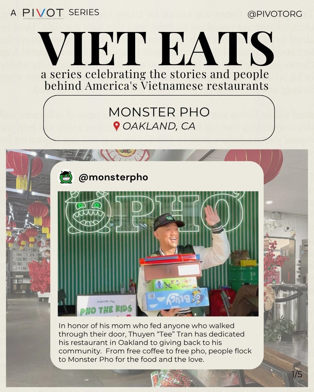 I felt so inspired after chatting with Tee, owner of Monster Pho in Oakland. Inspired by his mom's habit of feeding anyone who needed it, Tee has made Monster Pho a place for people across Oakland to not only be fed, but be in community.