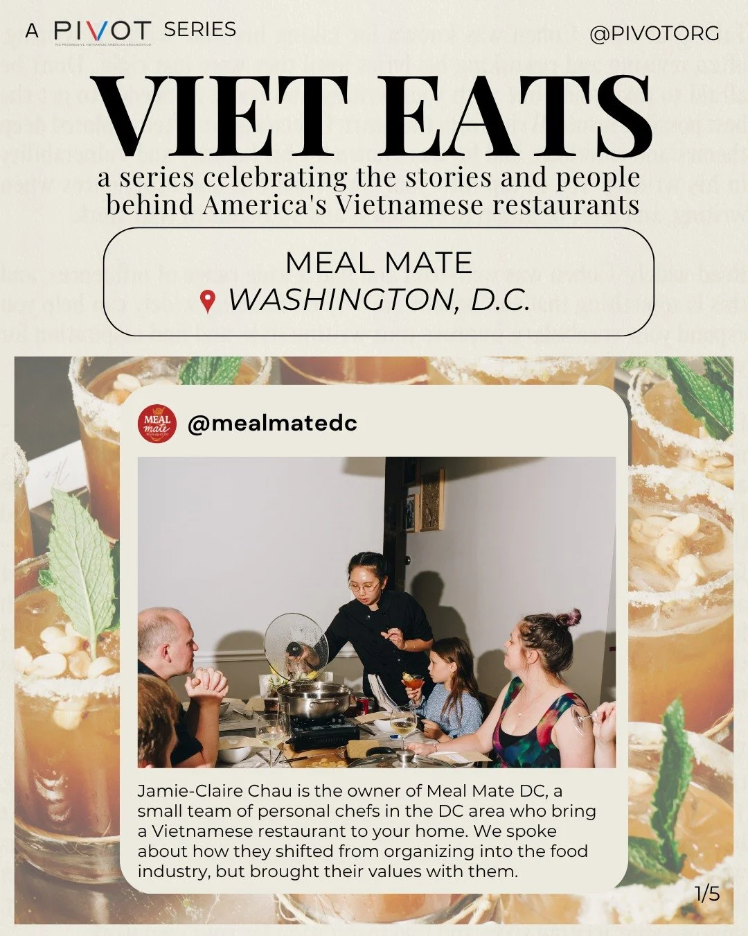 After community organizing in Philadelphia, Jamie-Claire Chau decided to pivot into the restaurant business with no former experience. Now, she runs Meal Mate DC, a small team of personal chefs who bring an at-home Vietnamese restaurant experience to