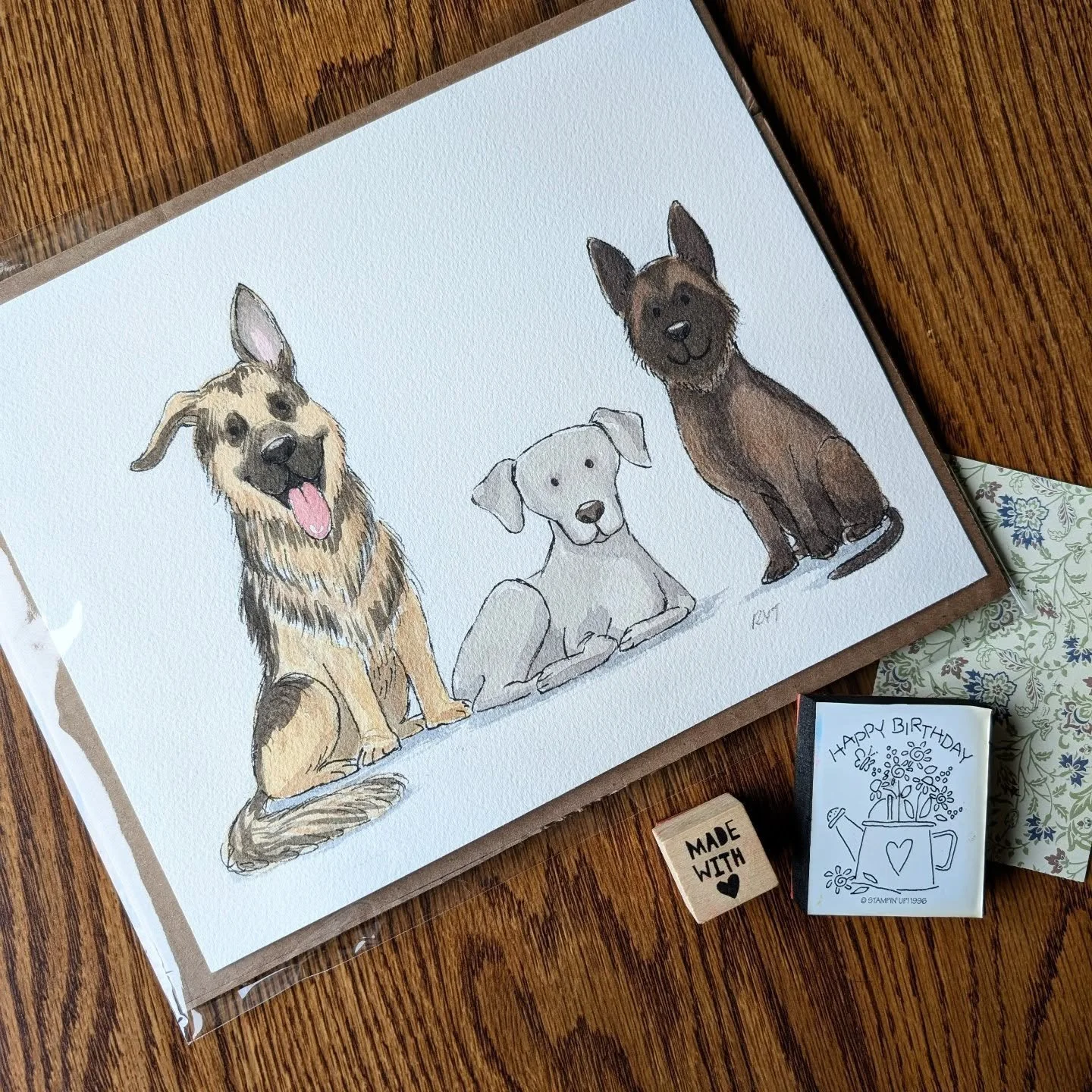 ✨ Dogs with floppy ears?!! 😍 When @slyfox747 commissioned me for her mom's birthday gift, I was so excited when I saw the photos of the dogs! LOOK AT THEMMM 🥹

💐 Also peep that 90s Happy Birthday stamp I got to use from my mom's collection. Love a