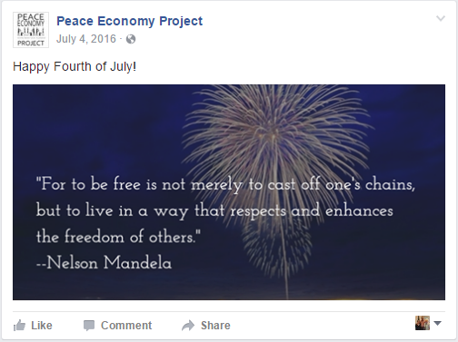 This Facebook post is an example of content I like to create around holidays and other news breaking events. I use Buffer's Pablo tool to add the text to the photo and then share the photo on Facebook with some text. I perform a quick search to find an intriguing and relevant quote to feature.