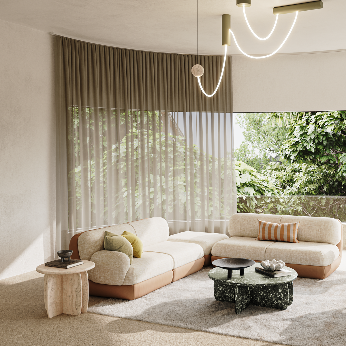 Modern living room with sculptural side table and contemporary furniture styling