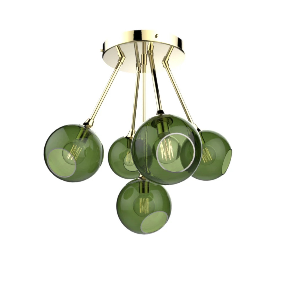Marie Burgos Ballroom Molecule Gold-Green Chandelier featuring five Army Green handblown glass globes with hand-painted gold rims on a sculptural gold-finished multi-arm frame.
