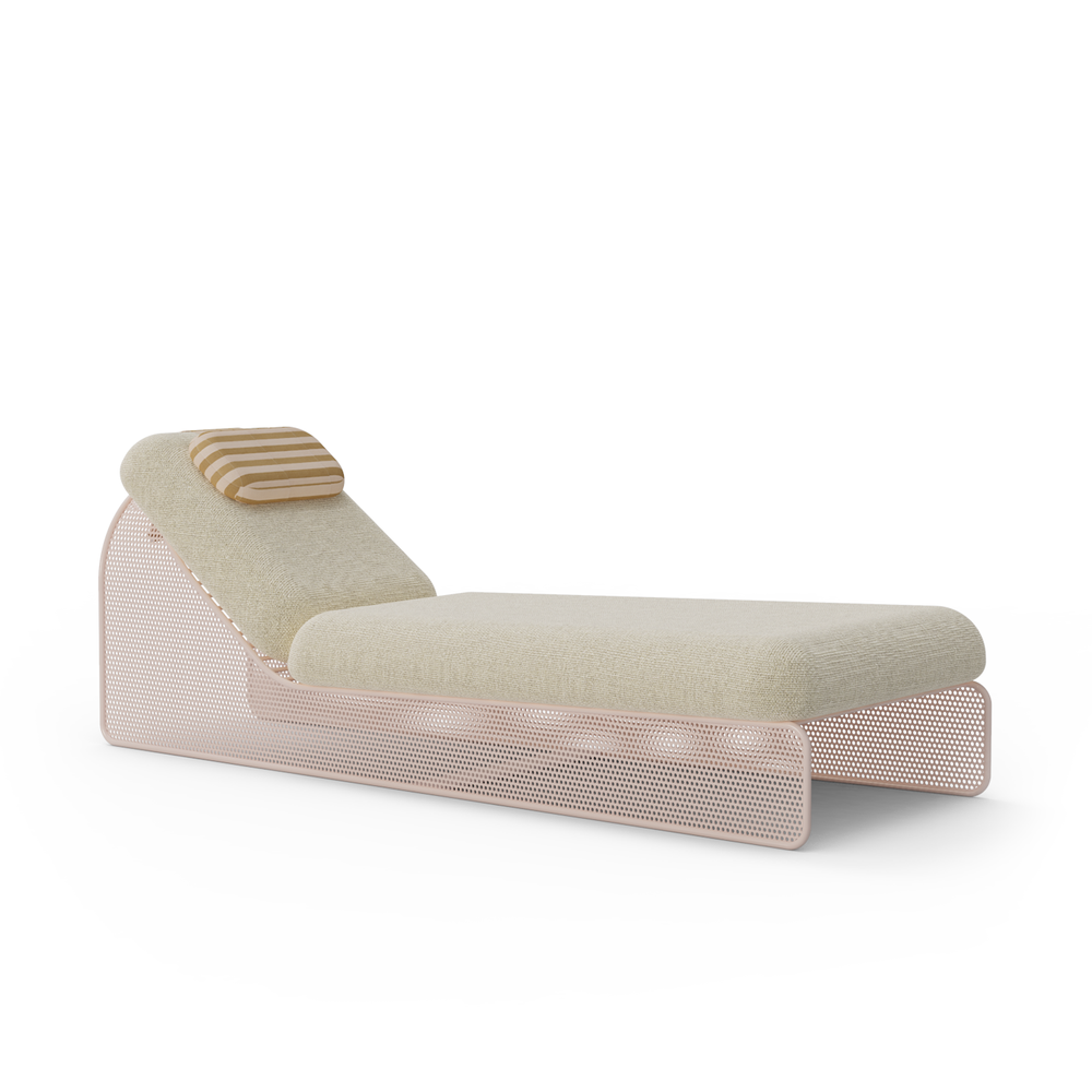 Studio shot; perforated metal base in soft pink; solid cream upholstery; striped bolster pillow; side profile.