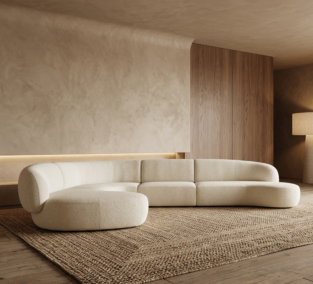 Moritz 4-piece curved sectional in Alabaster Boucle styled in a warm Zen living room with lime-wash walls and oak floors- Marie Burgos collection.png