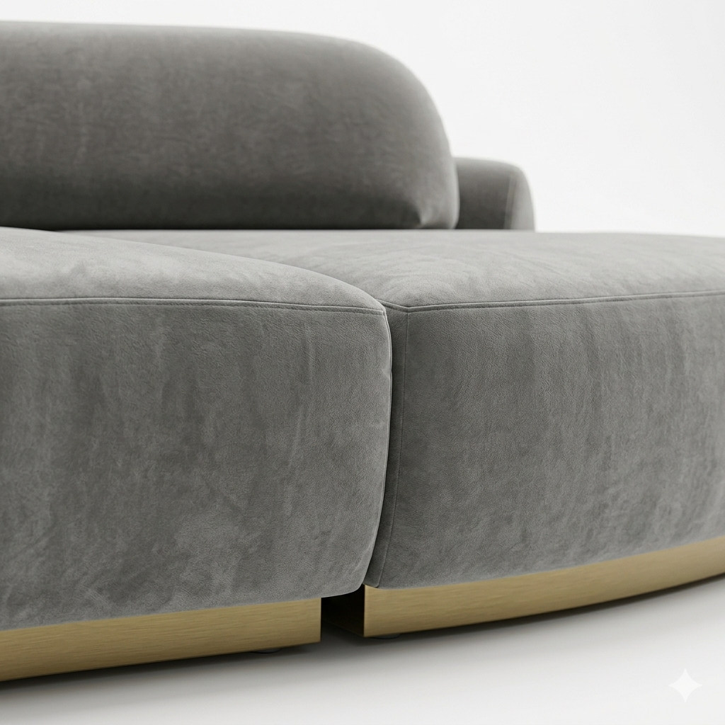 Close-up detail of the seamless modular join and premium grey performance velvet upholstery on the Naked Curved Sectional.png
