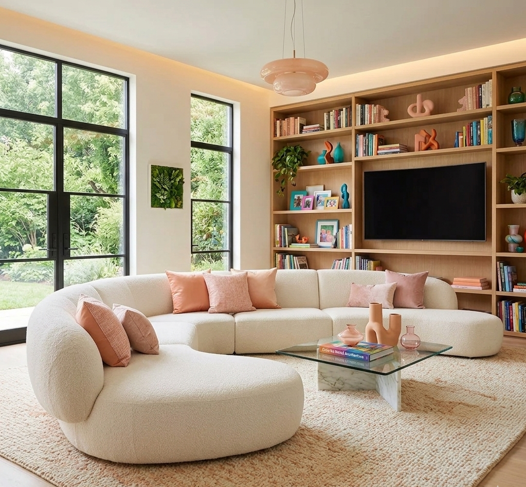 Moritz 4-piece Alabaster Chenille sectional in a modern peach-toned family room-marie burgos collection.png