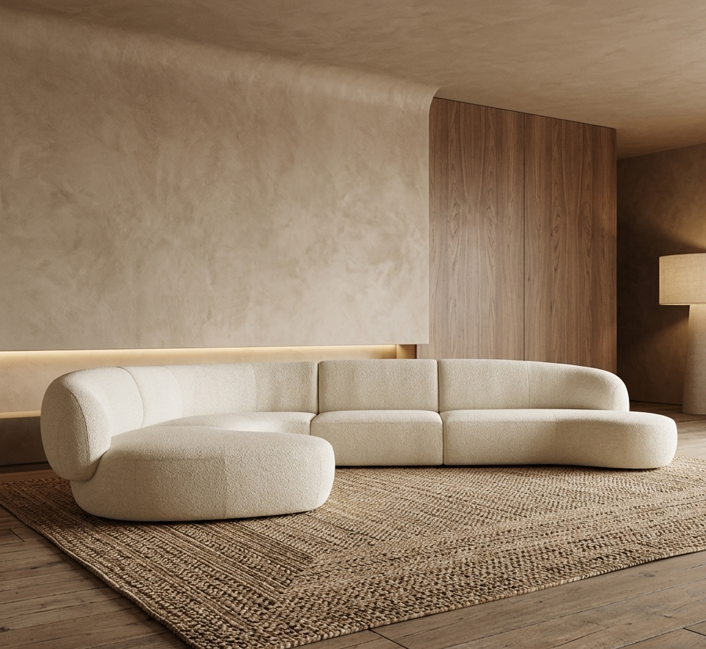 Moritz 4-piece curved sectional in Alabaster Boucle styled in a warm Zen living room with lime-wash walls and oak floors- Marie Burgos collection.png