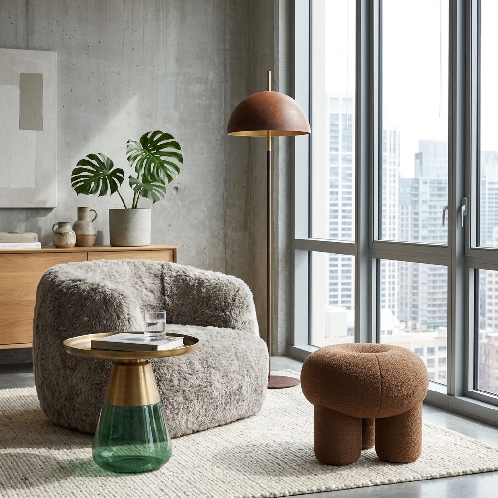 Faux Fur Saba Armchair with Queen Floor Lamp, Ollie Ottoman, and  Duverre Side Table