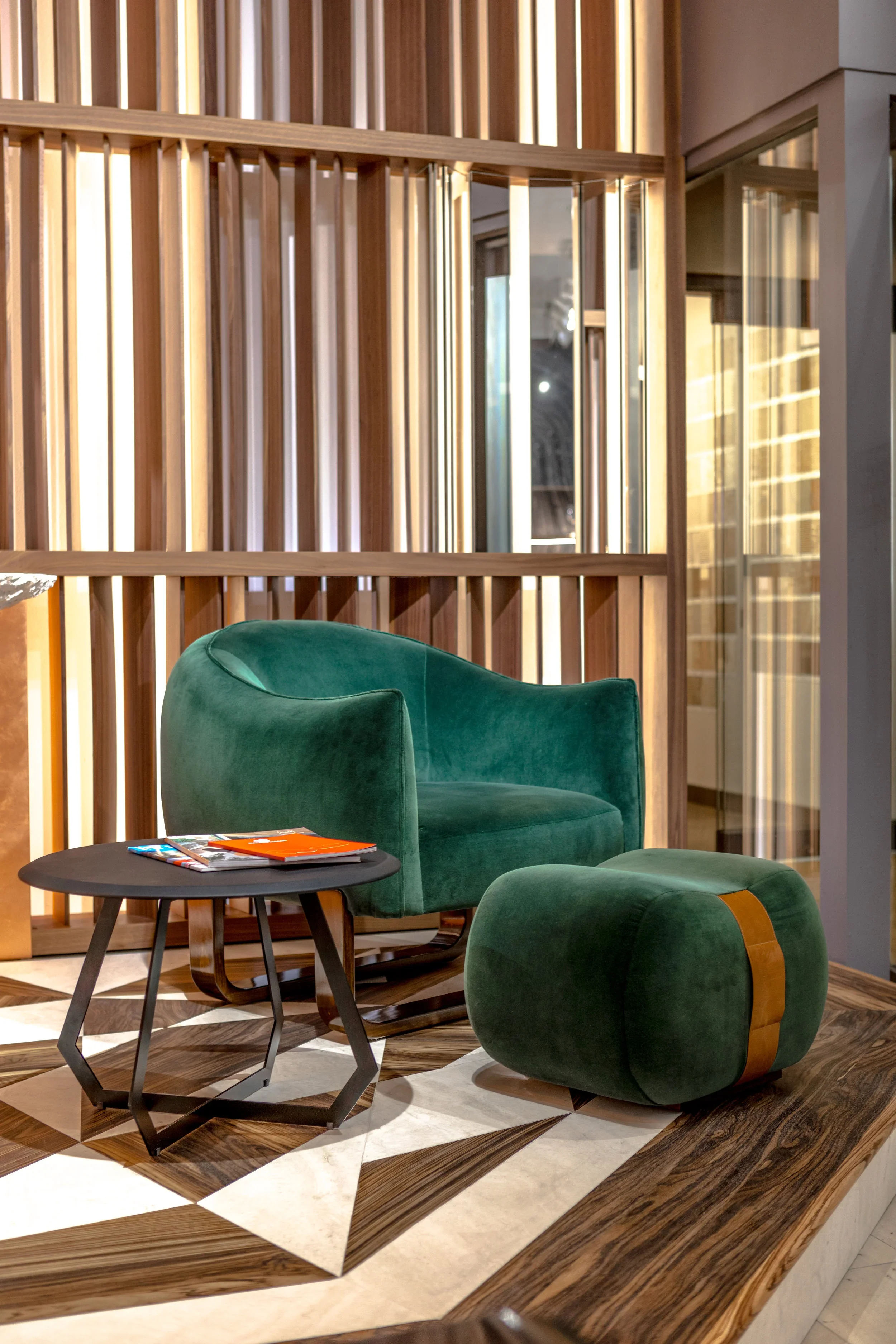 Marie-Burgos-design.MBCollection.Milo-Chair.Milo-ottoman.Fetish.table.green.Moss.fabric.GKC.showroom.D&D.jpg.webp