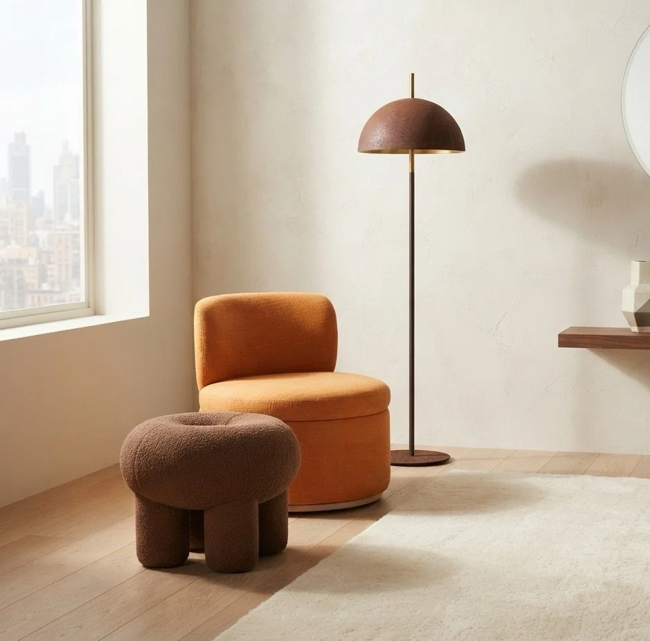 Mimi Armchair with Ollie Ottoman and Queen Floor Lamp
