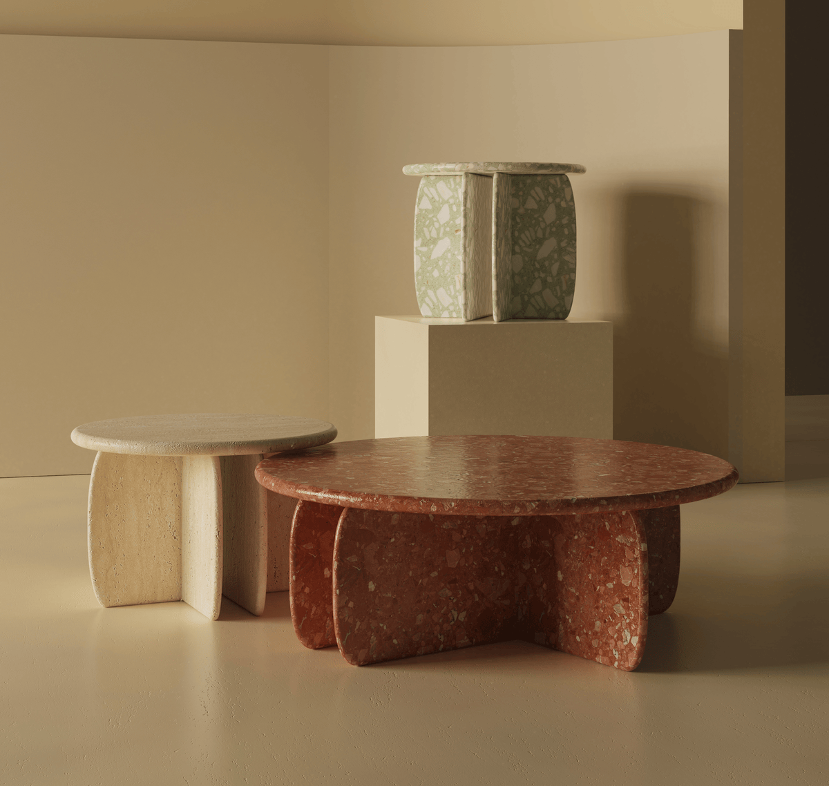 Two tables in contrasting materials displayed together
