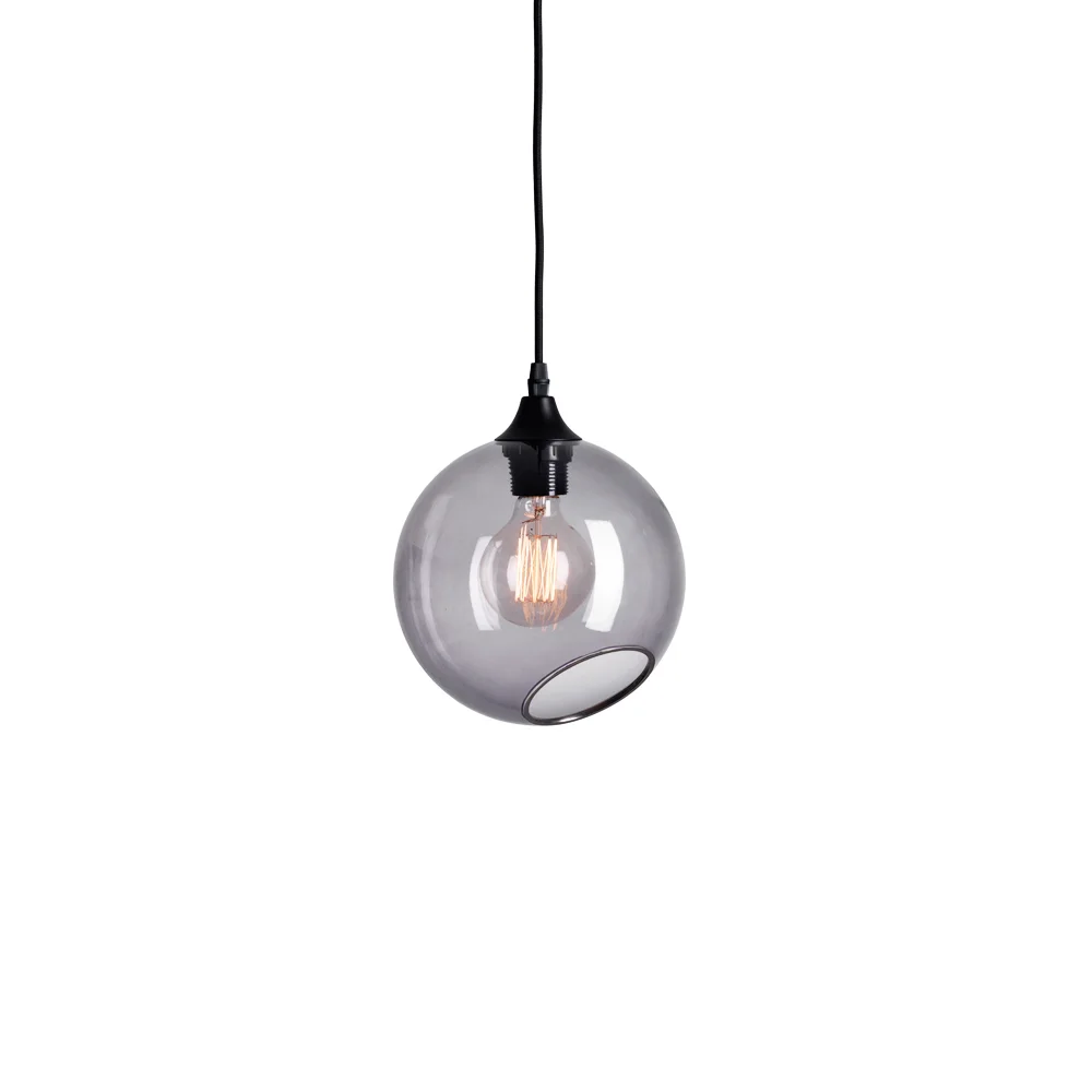 Marie Burgos Collection Ballroom Smoke handblown grey glass pendant light with silver hand-painted rim and black hardware..png