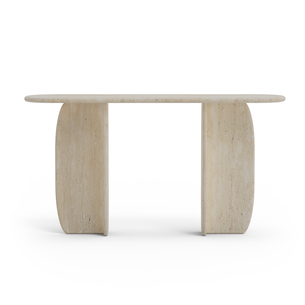 Minimalist travertine console table with clean horizontal top and sculptural base, ideal for luxury outdoor environments.