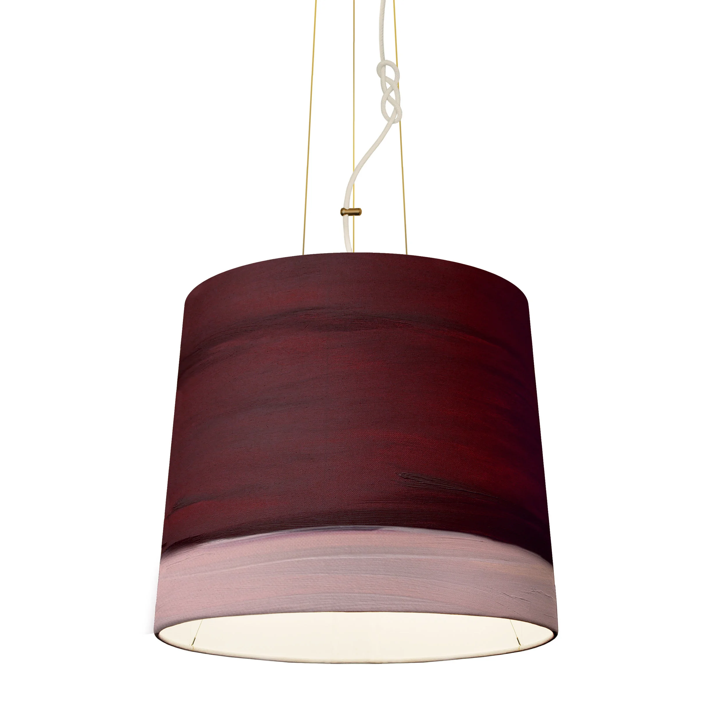 Medium Sisters Pendant Light in Dawn colorway, 17-inch diameter. Features hand-painted canvas with ethereal, soft-grey painterly textures. Modern artisan lighting curated by Marie Burgos Collection.