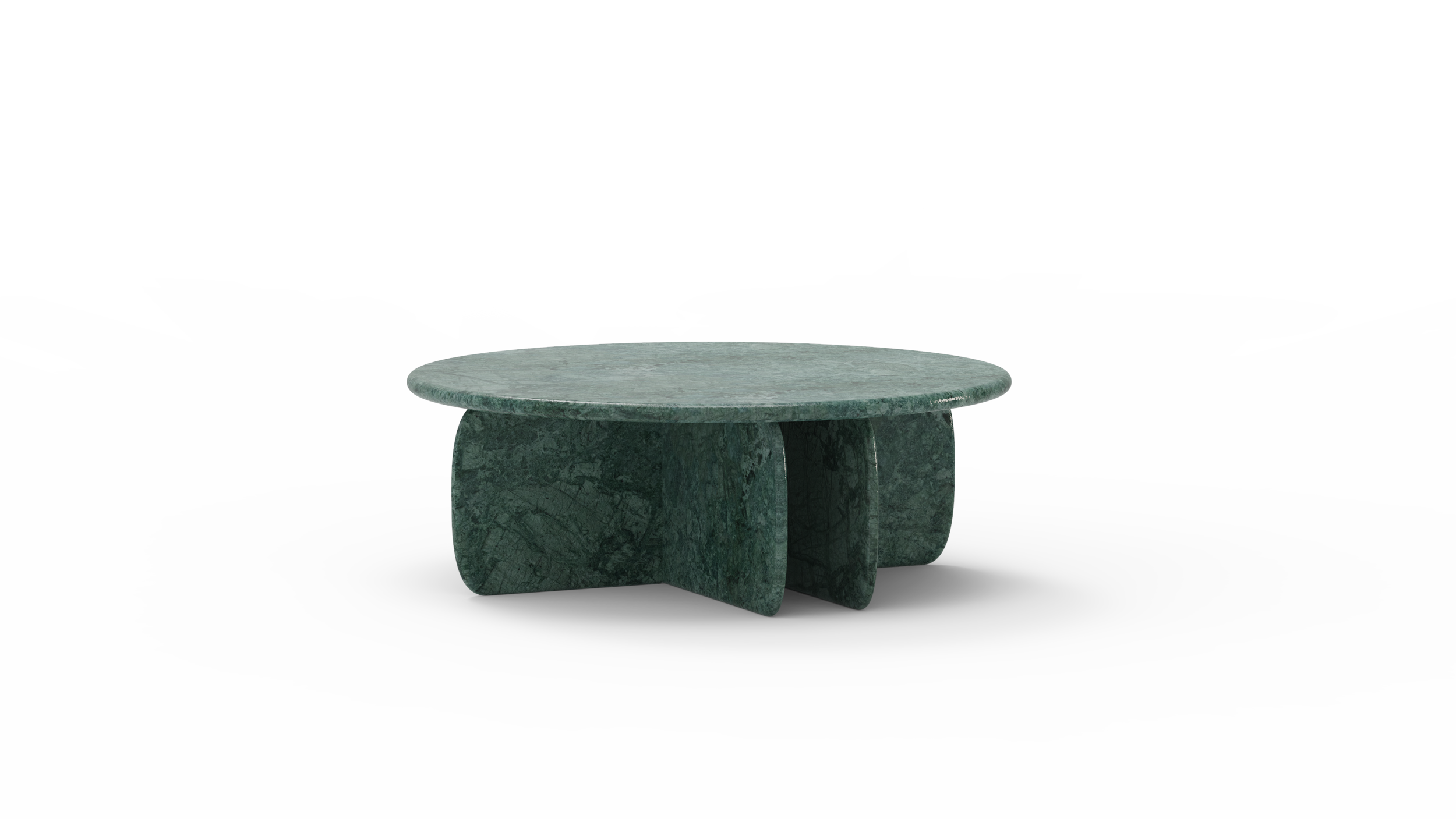 Modern sculptural coffee table in deep green marble with curved panel base and circular top, minimalist product render