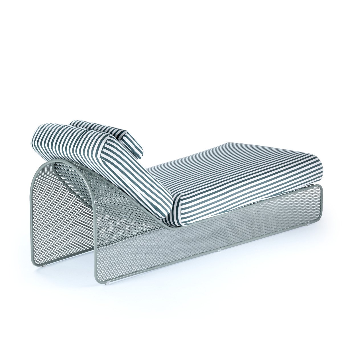 Studio shot; 3/4 angle; showing the curved perforated metal back support; blue frame with striped cushions.