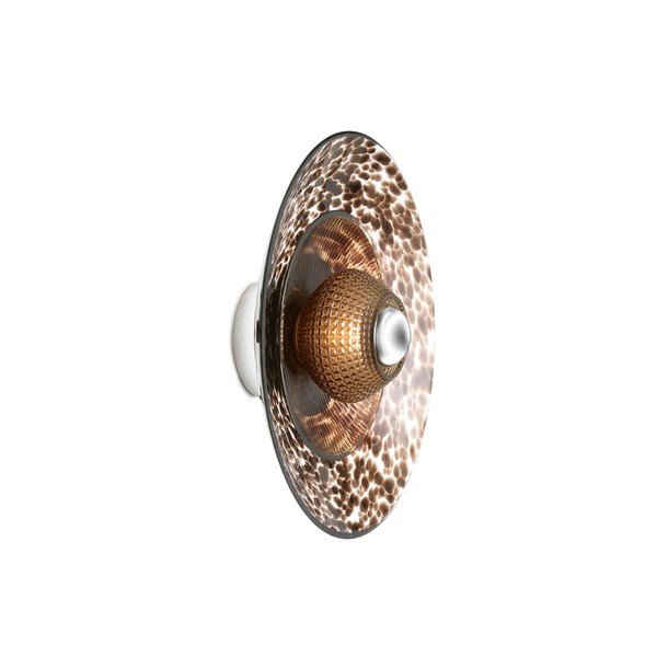 Angled view of the Brown Disco Rama sconce showing its smoked tortoise glass discs and wall-mounted base.