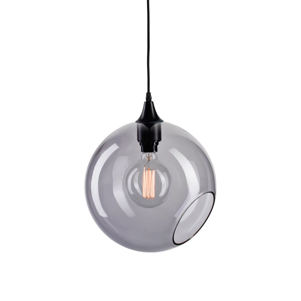 Marie Burgos Collection Ballroom XL Smoke handblown grey glass pendant light, 15-inch oversized globe with silver-painted rim and chrome hardware.