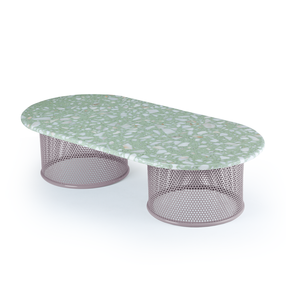 Riviera coffee table with green terrazzo top and pink perforated metal base studio view