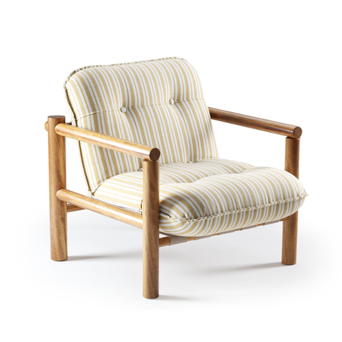 Three-quarter view of the James Armchair in striped fabric, showcasing the intersection of mid-century charm and modern sculptural design.