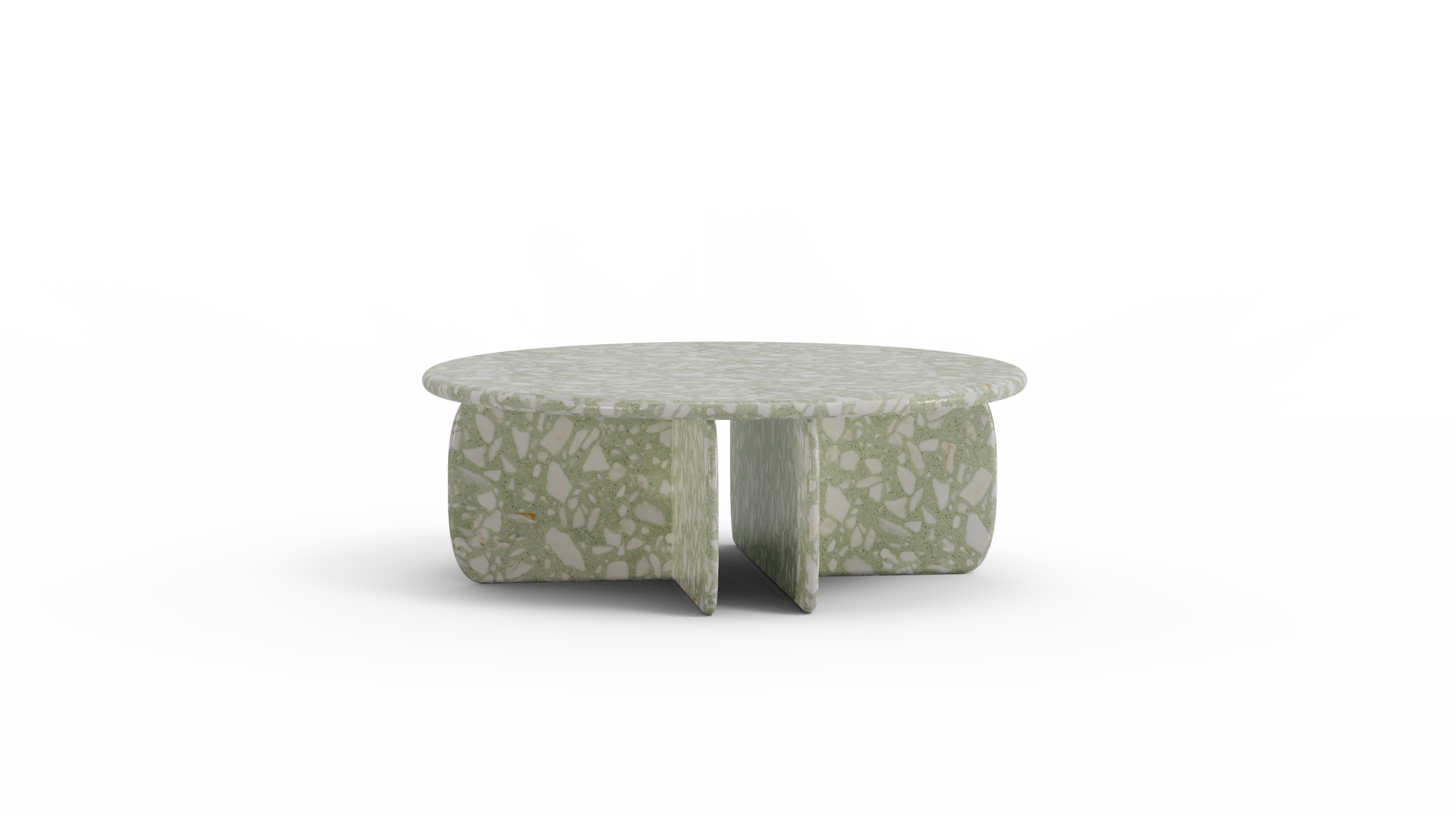 Front view of terrazzo coffee table with organic sculptural legs and rounded geometry