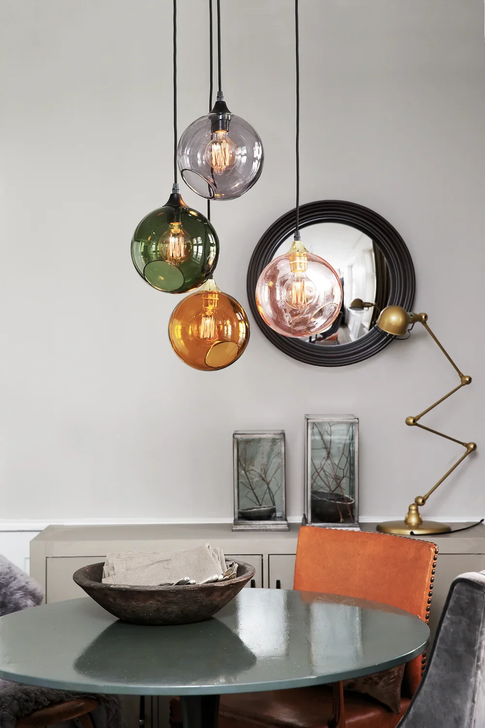 Modern Dining Room featuring the Ballroom pendant lights in amber, Pink. Army green and smoke. Marie Burgos Collection