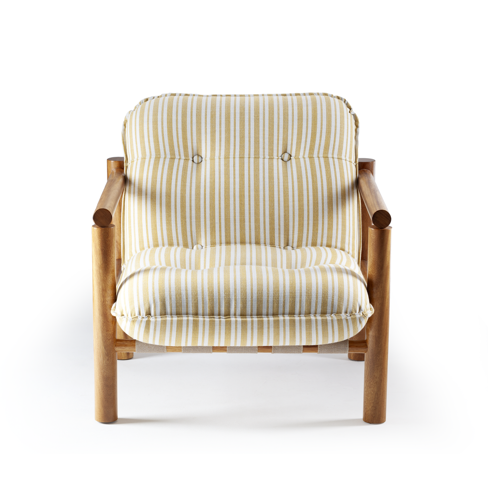 Front view of the James Armchair by Marie Burgos Collection featuring yellow and white striped upholstery and a natural oak wood frame.