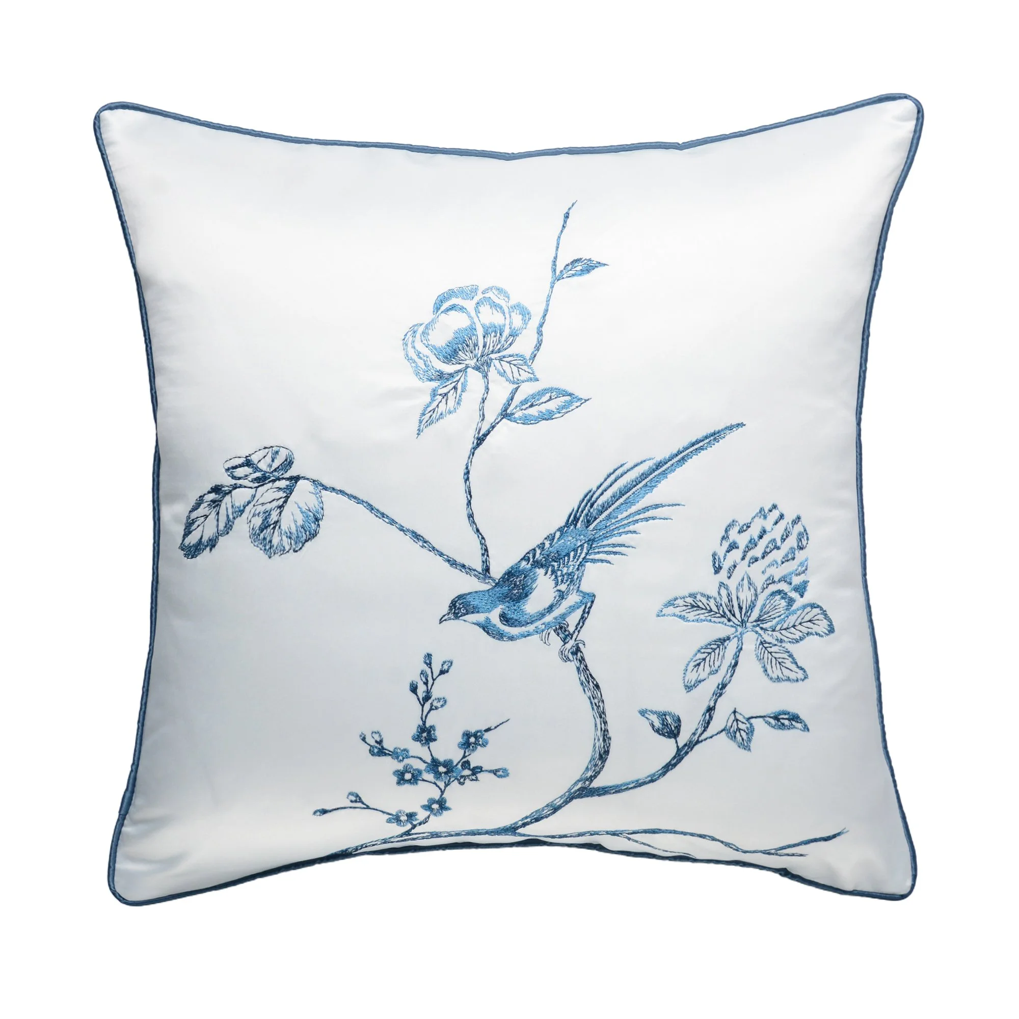 Silk Blue Flower and Bird Pillow