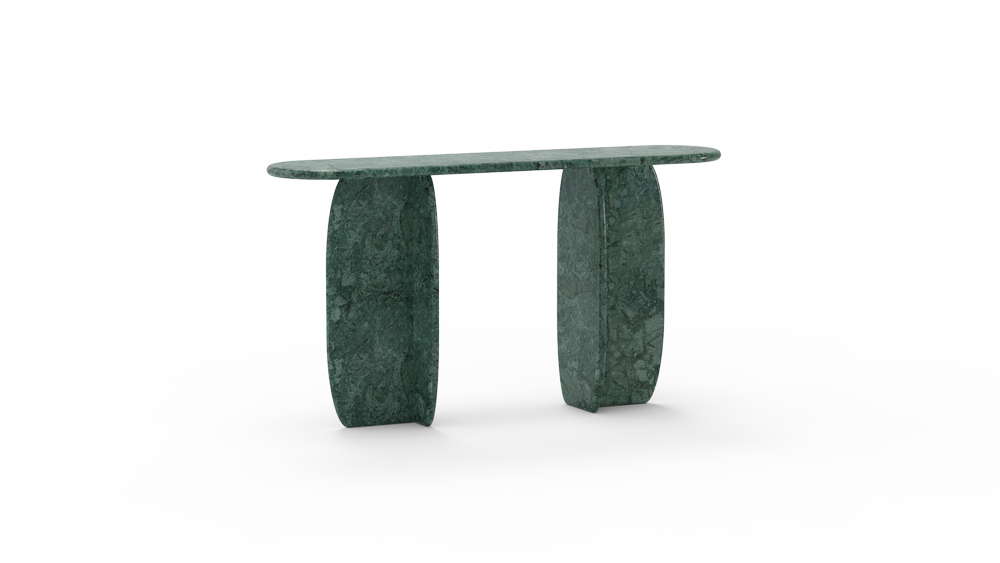 Contemporary outdoor console table in green stone finish featuring bold sculptural legs and minimalist silhouette.