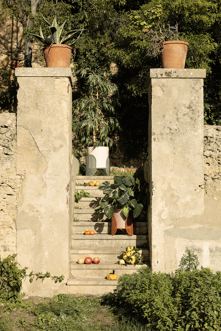 Riviera vase styled on stone stairs in a Mediterranean outdoor setting, surrounded by plants and natural textures.